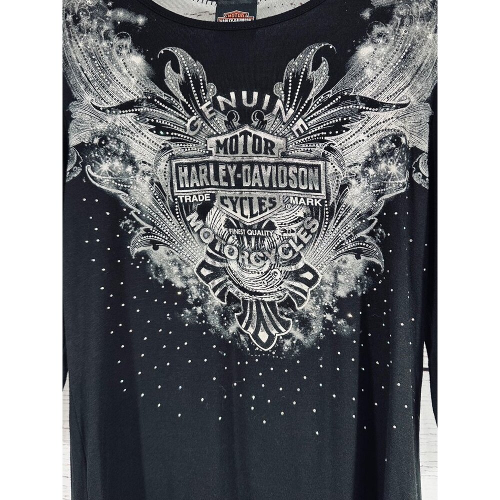 Harley-Davidson Womens Black Genuine Motorcycles Rhinestone & Lace Top Size L Se - Picture 3 of 14